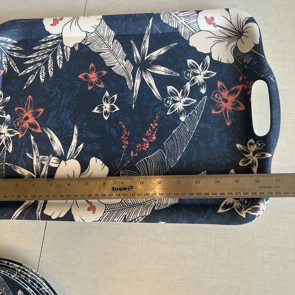 Tropical Hibiscus Tiki Blue Melamine Tray + 7 Dinner Plates Caribbean Joe‎